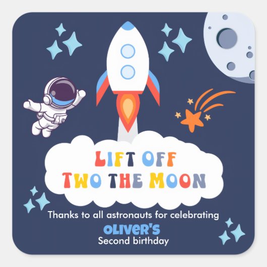 月に向かう男の子ロケット発射 2歳の誕生日 スクエアシール (正面)