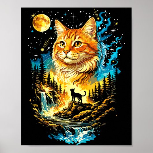 月に向かって遠吠えする猫 ヴィンテージ ユニーク 猫好き ポスター (正面)