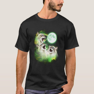 月に吠える猫 グリーン タイダイ染め 3匹の猫 W用 Tシャツ