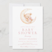 月に寝そべるテディベア ピンクのベビーシャワー 招待状 (正面)