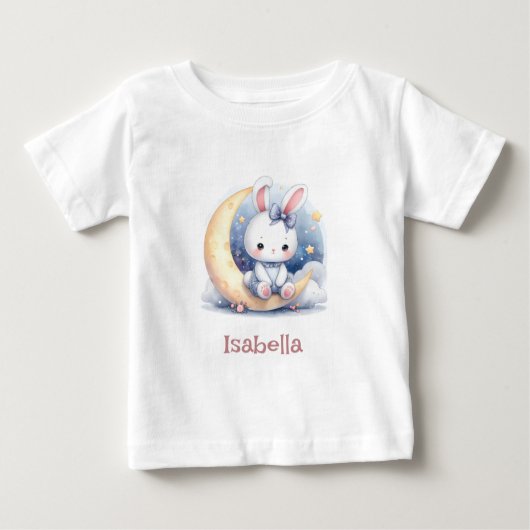 月に座るかわいいウサギ ベビーTシャツ (正面)