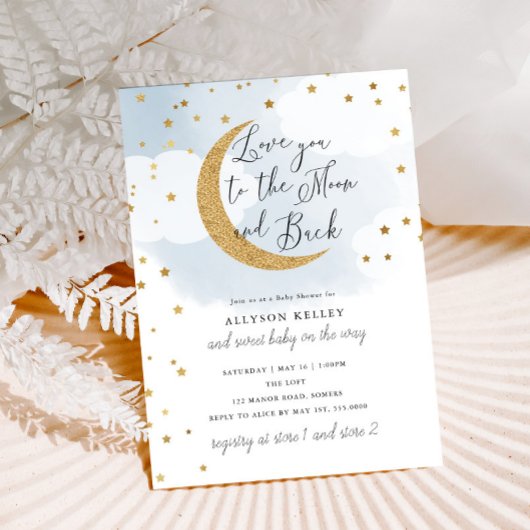 月に愛し、金ゴールド星の青い赤ちゃんシャワー 招待状