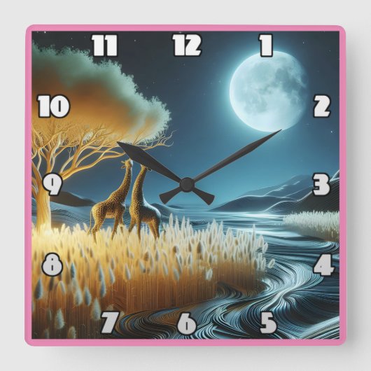 月に照らされたアフリカの夜の下でキリン スクエア壁時計 (正面)