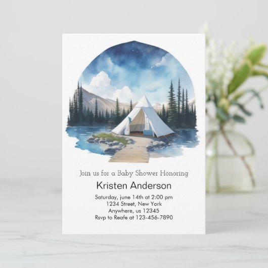 月に照らされたキャンプサイトアドベンチャーが赤ちゃんシャワーを待つ 招待状 (スタンド正面)