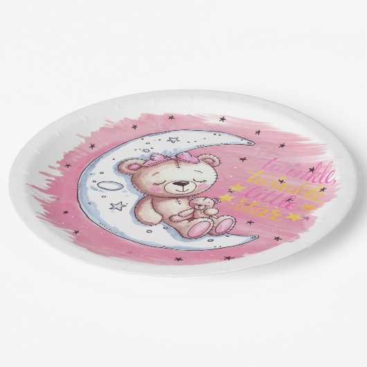 月に照らされたスナグルズ：クマの夢の女の子ベビーシャワー ペーパープレート (アングル)