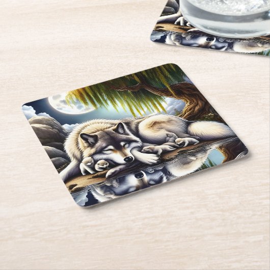 月に照らされたセレニティアスリム スクエアペーパーコースター (アングル)