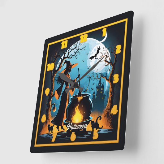 月に照らされたハロウィーンの森で魔女が育つ スクエア壁時計 (傾斜)