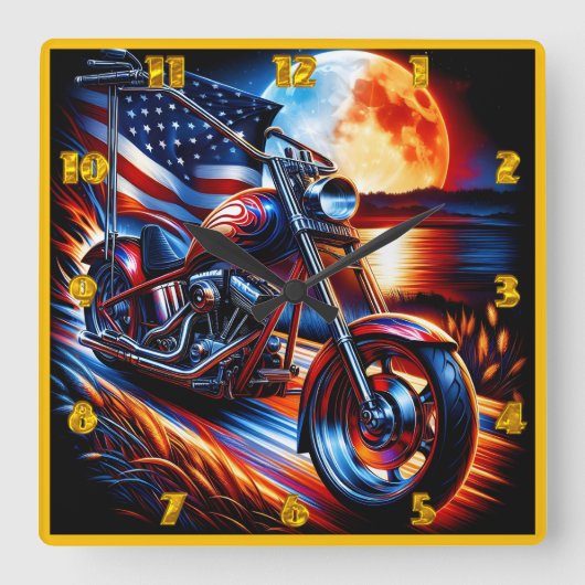 月に照らされたバイク乗り スクエア壁時計 (正面)