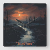 月に照らされたメナ幽霊のよく出るス：夕暮れ時の黒い森 スクエア壁時計 (正面)