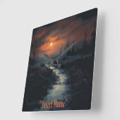 月に照らされたメナ幽霊のよく出るス：夕暮れ時の黒い森 スクエア壁時計 (傾斜)