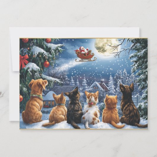 月に照らされた冬の森を越えるサンタのそり シーズンカード (正面)