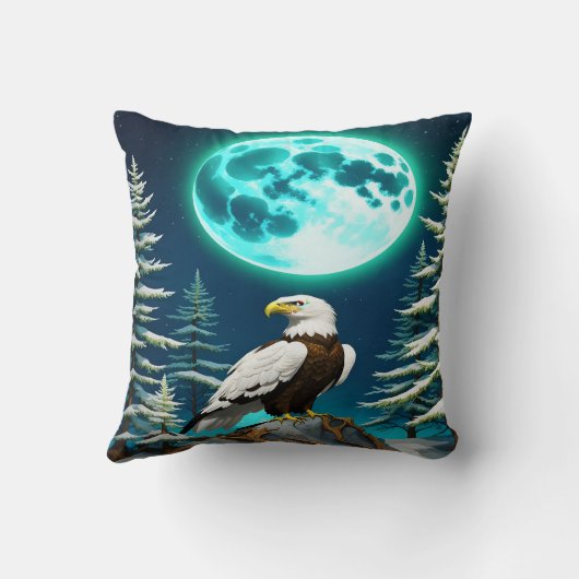 月に照らされた冬の空の下に止まったワシ クッション (裏面)