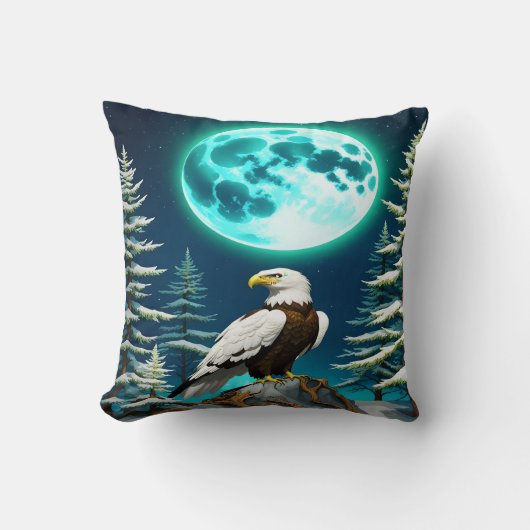 月に照らされた冬の空の下に止まったワシ クッション (正面)