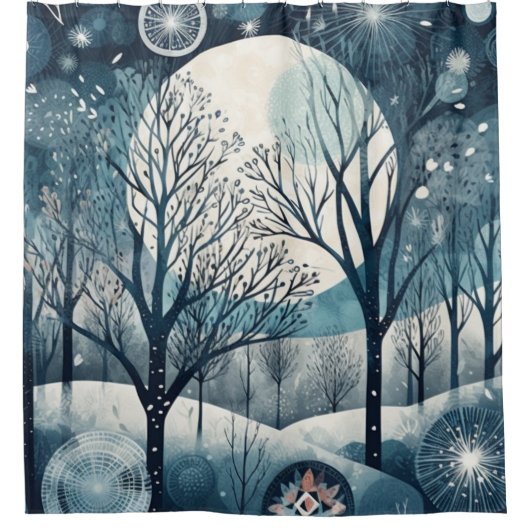 月に照らされた北欧森林 シャワーカーテン (正面)