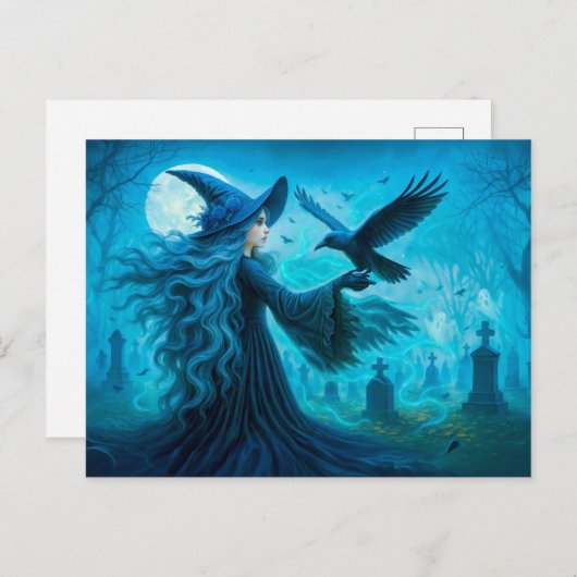 月に照らされた墓地にレイベンを持つ魔女 シーズンポストカード (正面/裏面)