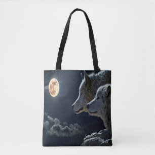 月に照らされた夜の狼のカップル トートバッグ