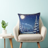 月に照らされた夜の雪に覆われた森林の風景 クッション (椅子)