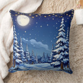 月に照らされた夜の雪に覆われた森林の風景 クッション (ブランケット)