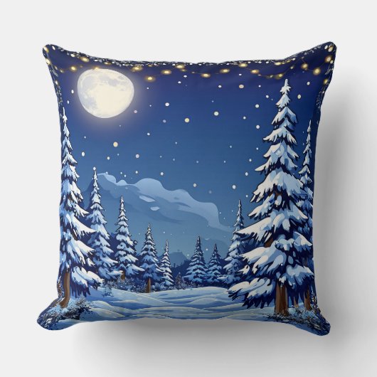 月に照らされた夜の雪に覆われた森林の風景 クッション (正面)