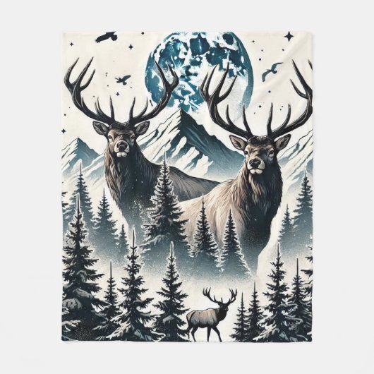 月に照らされた山の下の神秘的な森に入る フリースブランケット (正面)