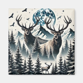 月に照らされた山の下の神秘的な森に入る マグネット