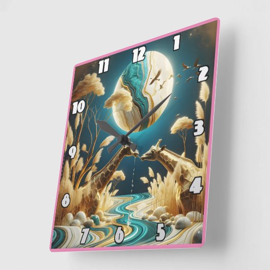 月に照らされた川のそばのギラフェス スクエア壁時計 (傾斜)