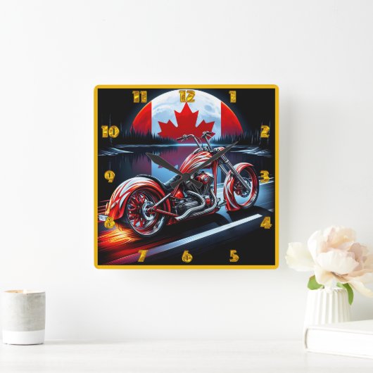 月に照らされた旗の下のカナダのオートバイ スクエア壁時計 (ホーム)