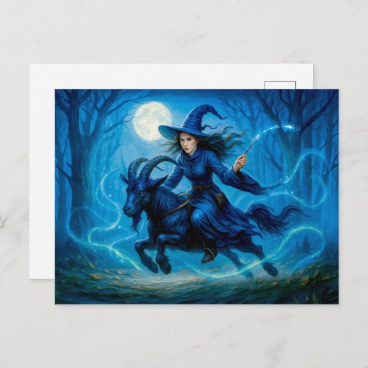 月に照らされた森の中でヤギに乗る魔女 シーズンポストカード (正面/裏面)