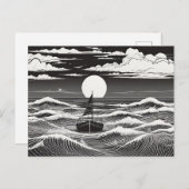 月に照らされた波に浮かぶ孤独な帆船 ポストカード (正面/裏面)