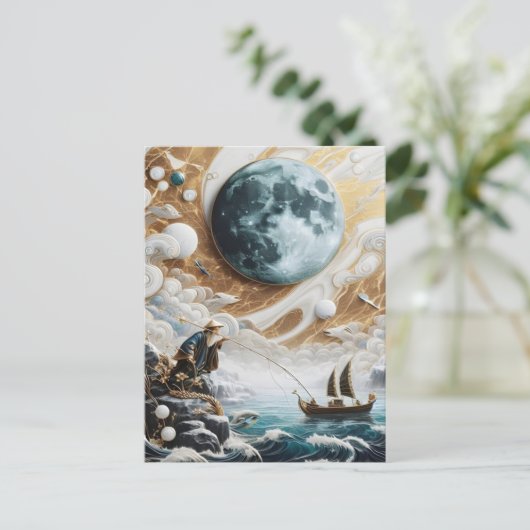 月に照らされた海の下の漁師 ポストカード (スタンド正面)