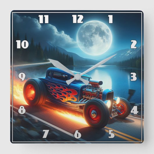 月に照らされた湖のそばで夜を楽しんでいた スクエア壁時計 (正面)