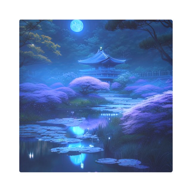 月に照らされた神社 メタルプリント (正面)