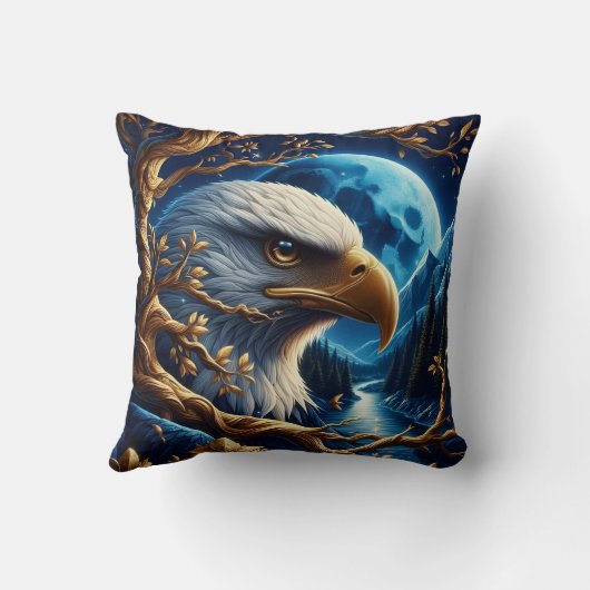 月に照らされた空の下でイーグルが川の近くに止まった クッション (裏面)