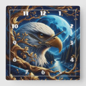 月に照らされた空の下でイーグルが川の近くに止まった スクエア壁時計 (正面)