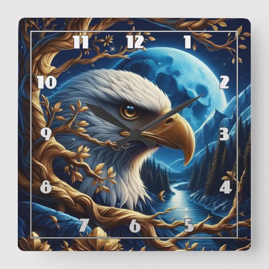 月に照らされた空の下でイーグルが川の近くに止まった スクエア壁時計 (正面)