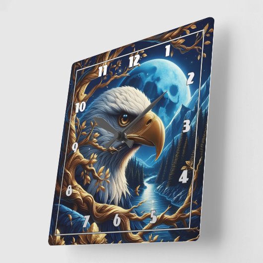 月に照らされた空の下でイーグルが川の近くに止まった スクエア壁時計 (傾斜)