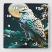 月に照らされた空の下で夜に止まったワシ スクエア壁時計 (正面)