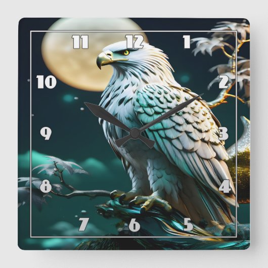月に照らされた空の下で夜に止まったワシ スクエア壁時計 (正面)