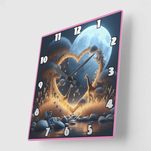 月に照らされた空の下で愛を抱くキリン スクエア壁時計 (傾斜)