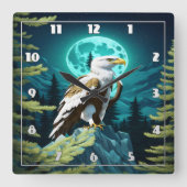 月に照らされた空の下の岩に止まったワシ スクエア壁時計 (正面)
