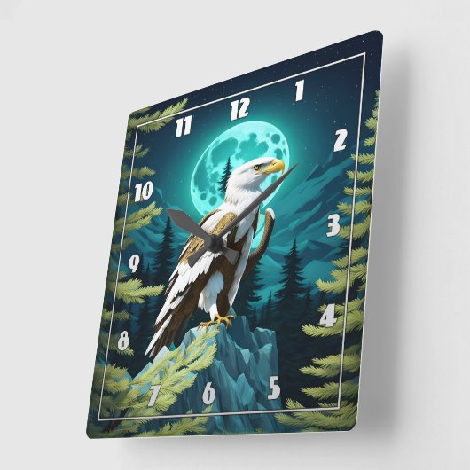 月に照らされた空の下の岩に止まったワシ スクエア壁時計 (傾斜)