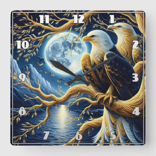 月に照らされた空の下の枝に止まったワシ スクエア壁時計 (正面)