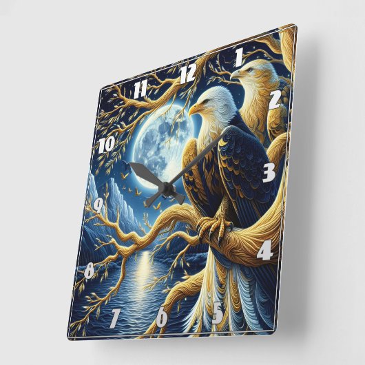 月に照らされた空の下の枝に止まったワシ スクエア壁時計 (傾斜)