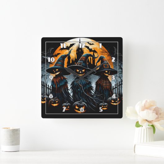 月に照らされた空の白熱［赤熱］光を放つ下の謎のかかし スクエア壁時計 (ホーム)