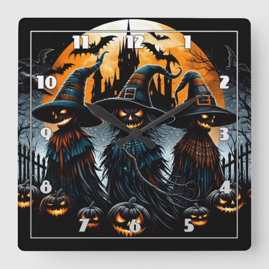 月に照らされた空の白熱［赤熱］光を放つ下の謎のかかし スクエア壁時計 (正面)