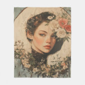 月に照らされた美しい – 花と満月の女性 フリースブランケット (正面)