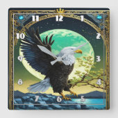 月に照らされた背景を持つ岩に止まったワシ スクエア壁時計 (正面)