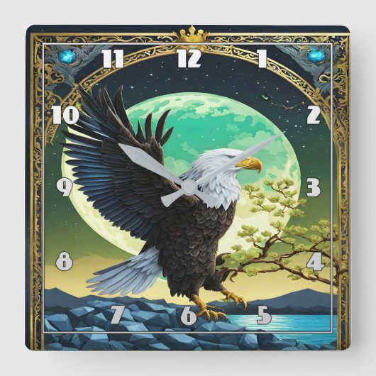 月に照らされた背景を持つ岩に止まったワシ スクエア壁時計 (正面)