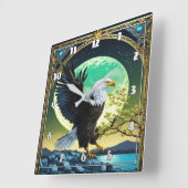 月に照らされた背景を持つ岩に止まったワシ スクエア壁時計 (傾斜)