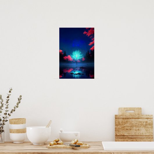 月に照らされた謎、青に包まれた謎めいた木 ポスター (キッチン)